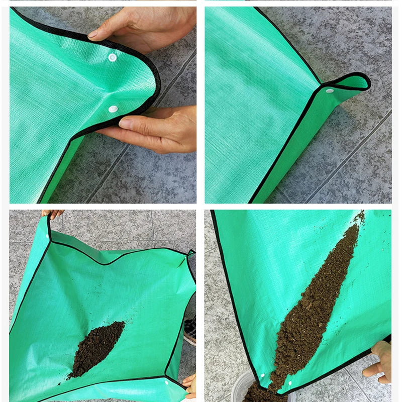 طي حصيرة إعادة الزراعة وتثبيت أزرار الأركان لرفع الحواف | Folding the repotting mat and fastening the corner buckles to raise the sides