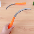 منجل يدوي مسنّن بمقبض برتقالي على طاولة خشبية | Serrated hand sickle with an orange handle on a wooden table