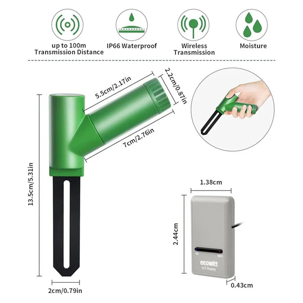أبعاد مستشعر التربة WH51 والبوابة GW1200 مع مقاومة IP66 ومدى إرسال حتى 100 متر | WH51 sensor and GW1200 gateway dimensions, IP66 rated, up to 100 m range