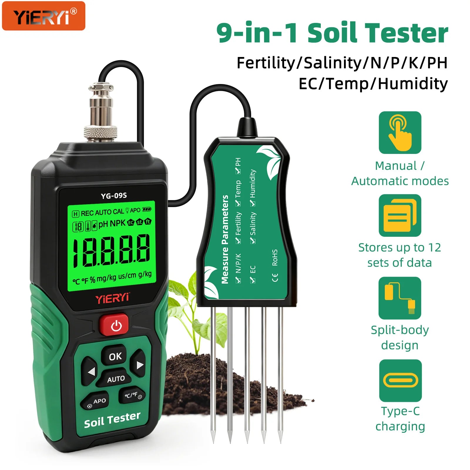 YIERYI 9-in-1 Digital Soil NPK, pH and EC Tester