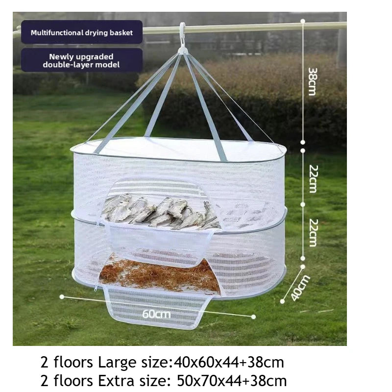 رفّ تجفيف شبكي معلّق بطابقين — مقاس كبير جداً 50 × 70 × 44 سم مع حبال تعليق 38 سم | Two-tier hanging mesh drying rack — extra size 50 × 70 × 44 cm with 38 cm hanging cords