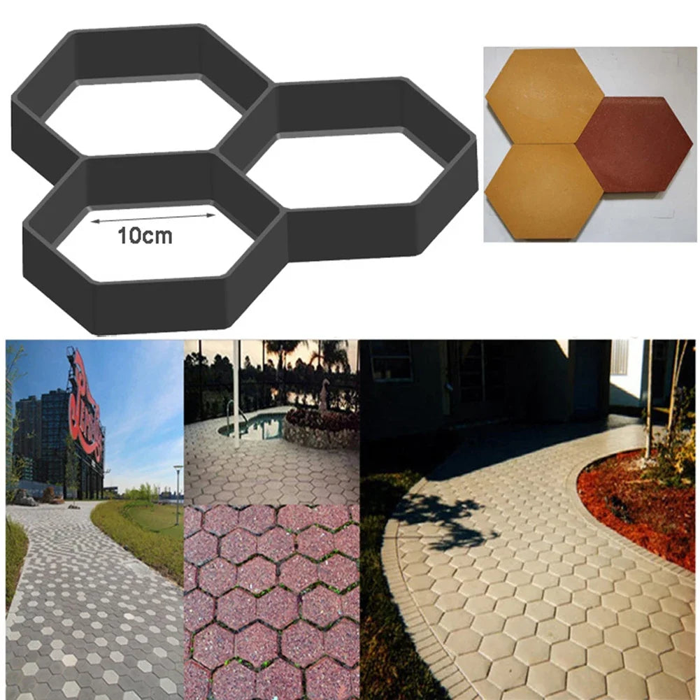 قالب سداسي بخلية قياس 10 سم وممرات منفّذة ببلاطات سداسية | Hexagonal mould with a 10 cm cell, alongside finished paths laid with hexagonal pavers