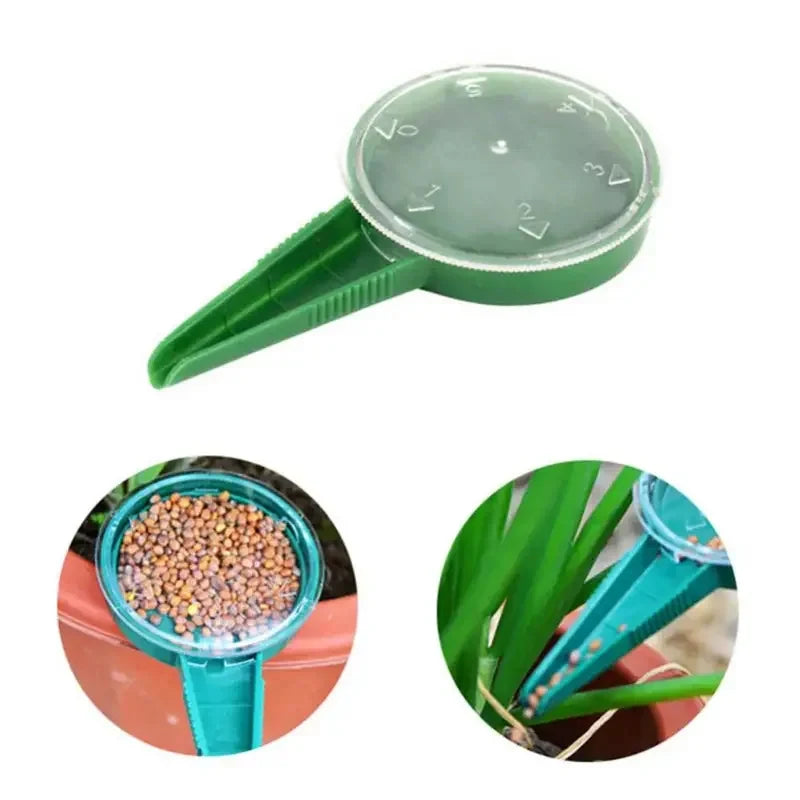 موزّع البذور الأخضر مع القرص الشفّاف من زاوية جانبية | Side view of the green seed sower and its clear dial