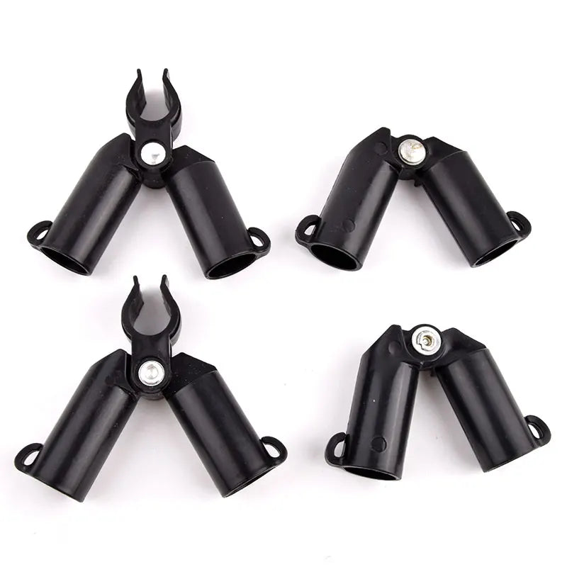 وصلات تثبيت متقاطعة سوداء لدعامات النباتات من أربع زوايا | Black cross-shaped plant stake connectors shown from four angles