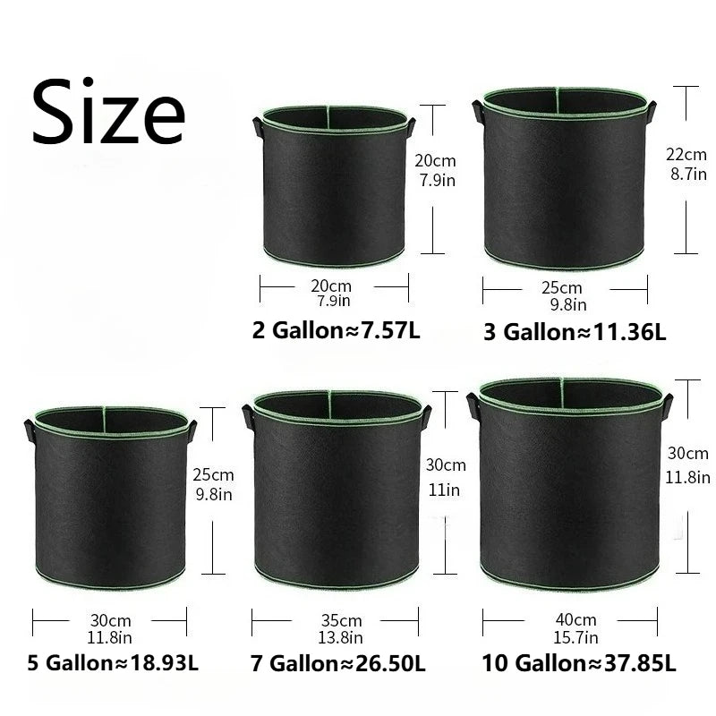 جدول مقاسات أكياس الزراعة يوضح مقاس 3 جالون 25 × 22 سم | Grow bag size chart showing the 3 gallon option at 25 × 22 cm