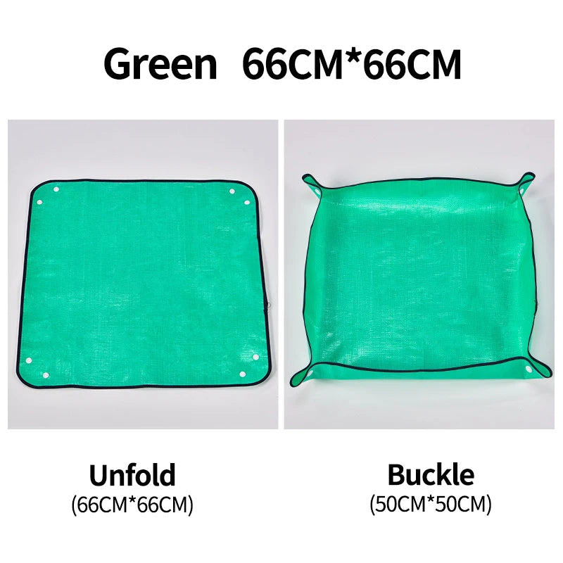 حصيرة إعادة الزراعة الخضراء — مفرودة 66 × 66 سم ومطوية بالأزرار 50 × 50 سم | Green repotting mat — 66 × 66 cm laid flat, 50 × 50 cm when buckled