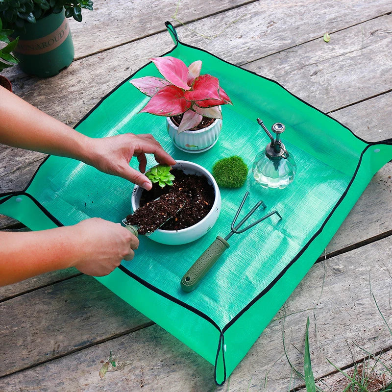 تغيير أصيص نبات داخل الحصيرة مع بقاء السطح نظيفاً | Repotting a plant inside the mat while the work surface stays clean