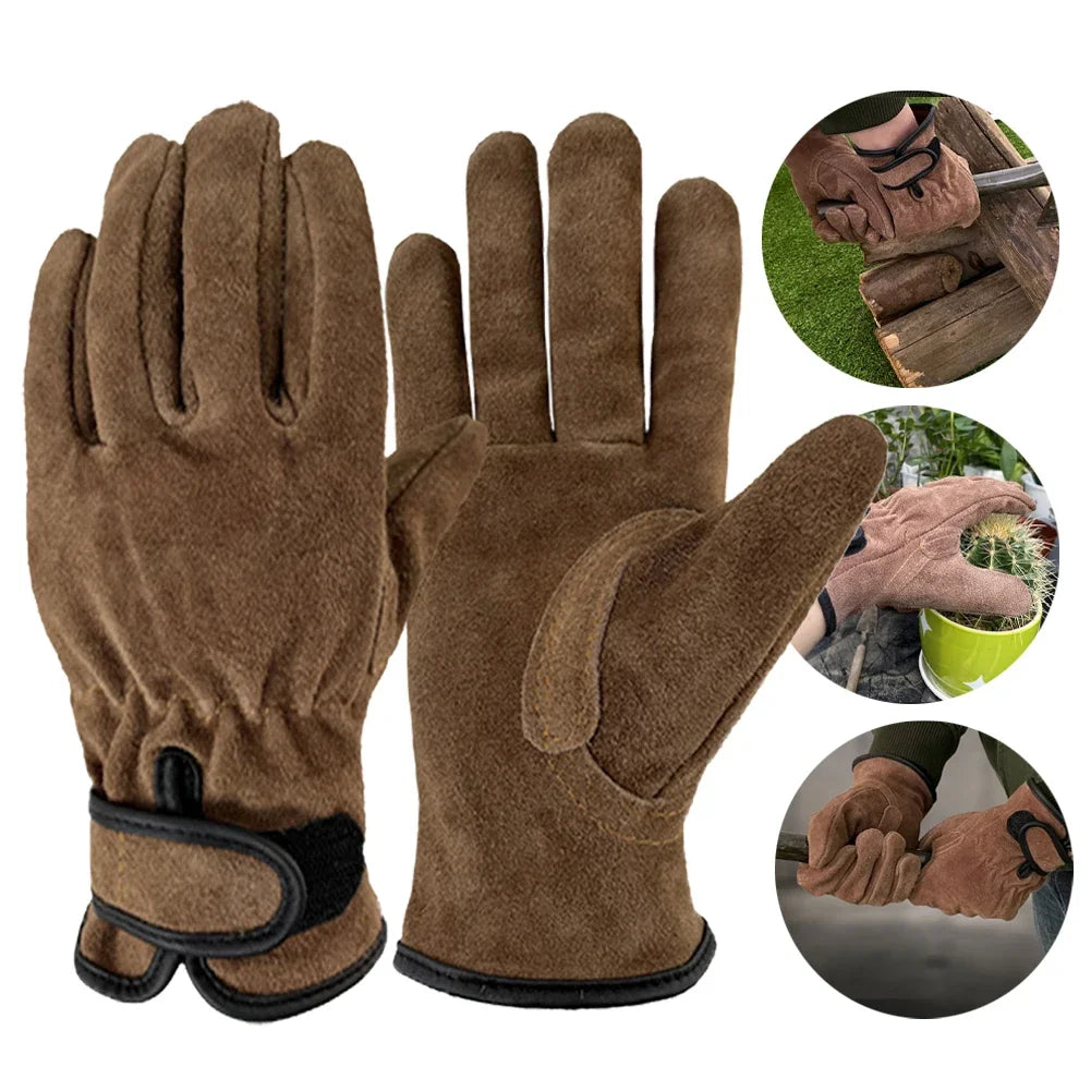 زوج قفازات بستنة جلدية بنية اللون مع تفاصيل الخياطة | Pair of brown leather gardening gloves showing the stitching detail