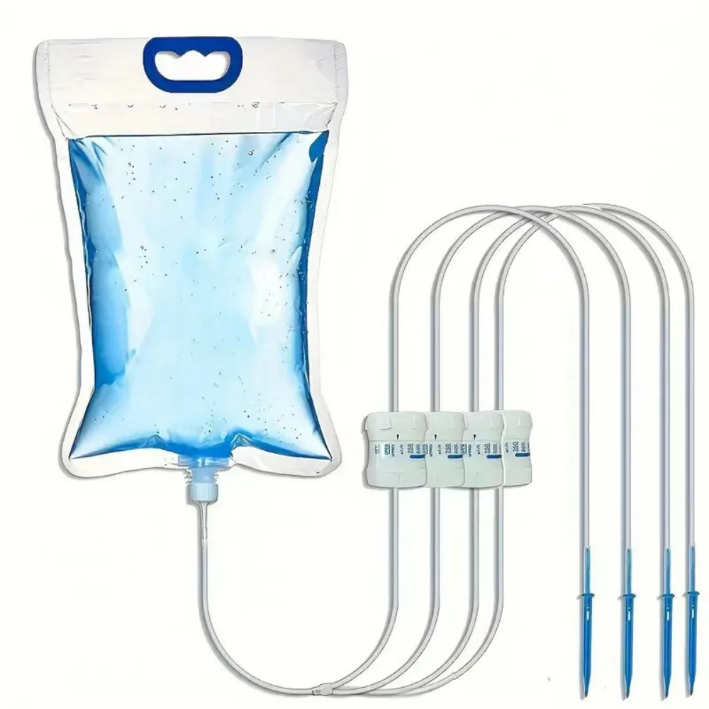 كيس الريّ مع مجموعة الأنابيب الأربعة ومحابسها | The watering bag with its set of four tubes and valves